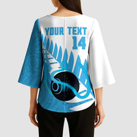 New Zealand Lawn Bowls Prostate Cancer Custom Kimono Sleeve Blouse Aotearoa Maori Silver Fern Blue Ribbon - Polynesian Pride