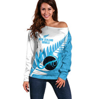 New Zealand Lawn Bowls Prostate Cancer Custom Off Shoulder Sweater Aotearoa Maori Silver Fern Blue Ribbon - Polynesian Pride