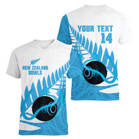 New Zealand Lawn Bowls Prostate Cancer Custom Women V-Neck T-Shirt Aotearoa Maori Silver Fern Blue Ribbon - Polynesian Pride