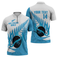 New Zealand Lawn Bowls Prostate Cancer Custom Zipper Polo Shirt Aotearoa Maori Silver Fern Blue Ribbon - Polynesian Pride