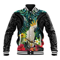 Sulphur-crested Cockatoo New Zealand Baseball Jacket Paua Shell Aotearoa Maori Tropical Flowers - Polynesian Pride