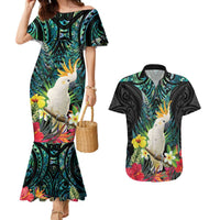 Sulphur-crested Cockatoo New Zealand Couples Matching Mermaid Dress and Hawaiian Shirt Paua Shell Aotearoa Maori Tropical Flowers - Polynesian Pride