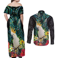Sulphur-crested Cockatoo New Zealand Couples Matching Off Shoulder Maxi Dress and Long Sleeve Button Shirt Paua Shell Aotearoa Maori Tropical Flowers - Polynesian Pride