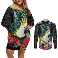 Sulphur-crested Cockatoo New Zealand Couples Matching Off Shoulder Short Dress and Long Sleeve Button Shirt Paua Shell Aotearoa Maori Tropical Flowers - Polynesian Pride