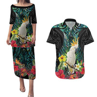 Sulphur-crested Cockatoo New Zealand Couples Matching Puletasi and Hawaiian Shirt Paua Shell Aotearoa Maori Tropical Flowers - Polynesian Pride