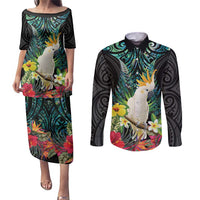 Sulphur-crested Cockatoo New Zealand Couples Matching Puletasi and Long Sleeve Button Shirt Paua Shell Aotearoa Maori Tropical Flowers LT14 Black - Polynesian Pride