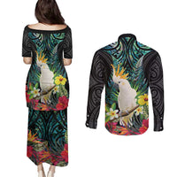 Sulphur-crested Cockatoo New Zealand Couples Matching Puletasi and Long Sleeve Button Shirt Paua Shell Aotearoa Maori Tropical Flowers LT14 - Polynesian Pride