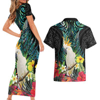 Sulphur-crested Cockatoo New Zealand Couples Matching Short Sleeve Bodycon Dress and Hawaiian Shirt Paua Shell Aotearoa Maori Tropical Flowers - Polynesian Pride