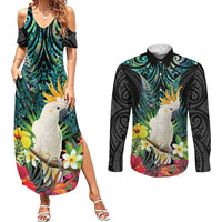 Sulphur-crested Cockatoo New Zealand Couples Matching Summer Maxi Dress and Long Sleeve Button Shirt Paua Shell Aotearoa Maori Tropical Flowers - Polynesian Pride