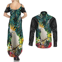 Sulphur-crested Cockatoo New Zealand Couples Matching Summer Maxi Dress and Long Sleeve Button Shirt Paua Shell Aotearoa Maori Tropical Flowers - Polynesian Pride