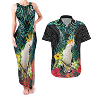 Sulphur-crested Cockatoo New Zealand Couples Matching Tank Maxi Dress and Hawaiian Shirt Paua Shell Aotearoa Maori Tropical Flowers LT14 Black - Polynesian Pride