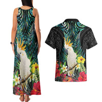 Sulphur-crested Cockatoo New Zealand Couples Matching Tank Maxi Dress and Hawaiian Shirt Paua Shell Aotearoa Maori Tropical Flowers LT14 - Polynesian Pride