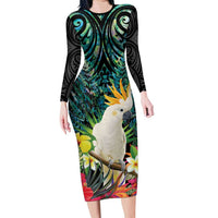 Sulphur-crested Cockatoo New Zealand Family Matching Long Sleeve Bodycon Dress and Hawaiian Shirt Paua Shell Aotearoa Maori Tropical Flowers - Polynesian Pride