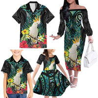 Sulphur-crested Cockatoo New Zealand Family Matching Off The Shoulder Long Sleeve Dress and Hawaiian Shirt Paua Shell Aotearoa Maori Tropical Flowers - Polynesian Pride