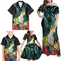 Sulphur-crested Cockatoo New Zealand Family Matching Off Shoulder Maxi Dress and Hawaiian Shirt Paua Shell Aotearoa Maori Tropical Flowers - Polynesian Pride