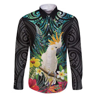Sulphur-crested Cockatoo New Zealand Family Matching Off Shoulder Maxi Dress and Hawaiian Shirt Paua Shell Aotearoa Maori Tropical Flowers - Polynesian Pride