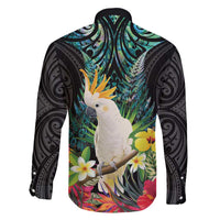 Sulphur-crested Cockatoo New Zealand Family Matching Off Shoulder Maxi Dress and Hawaiian Shirt Paua Shell Aotearoa Maori Tropical Flowers - Polynesian Pride