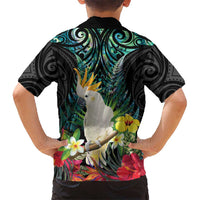 Sulphur-crested Cockatoo New Zealand Family Matching Off Shoulder Short Dress and Hawaiian Shirt Paua Shell Aotearoa Maori Tropical Flowers - Polynesian Pride