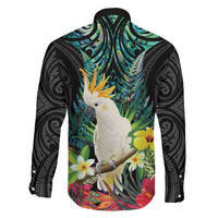 Sulphur-crested Cockatoo New Zealand Family Matching Off Shoulder Short Dress and Hawaiian Shirt Paua Shell Aotearoa Maori Tropical Flowers - Polynesian Pride