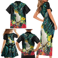 Sulphur-crested Cockatoo New Zealand Family Matching Short Sleeve Bodycon Dress and Hawaiian Shirt Paua Shell Aotearoa Maori Tropical Flowers - Polynesian Pride