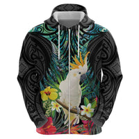 Sulphur-crested Cockatoo New Zealand Hoodie Paua Shell Aotearoa Maori Tropical Flowers - Polynesian Pride