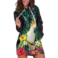 Sulphur-crested Cockatoo New Zealand Hoodie Dress Paua Shell Aotearoa Maori Tropical Flowers - Polynesian Pride