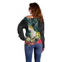 Sulphur-crested Cockatoo New Zealand Off Shoulder Sweater Paua Shell Aotearoa Maori Tropical Flowers - Polynesian Pride