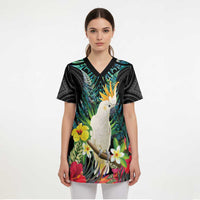 Sulphur-crested Cockatoo New Zealand Scrub Top Paua Shell Aotearoa Maori Tropical Flowers - Polynesian Pride