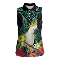 Sulphur-crested Cockatoo New Zealand Women Sleeveless Polo Shirt Paua Shell Aotearoa Maori Tropical Flowers - Polynesian Pride