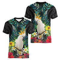 Sulphur-crested Cockatoo New Zealand Women V-Neck T-Shirt Paua Shell Aotearoa Maori Tropical Flowers - Polynesian Pride