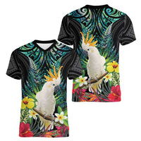 Sulphur-crested Cockatoo New Zealand Women V-Neck T-Shirt Paua Shell Aotearoa Maori Tropical Flowers - Polynesian Pride