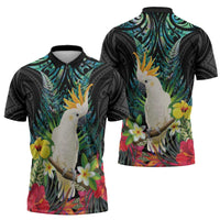 Sulphur-crested Cockatoo New Zealand Zipper Polo Shirt Paua Shell Aotearoa Maori Tropical Flowers - Polynesian Pride