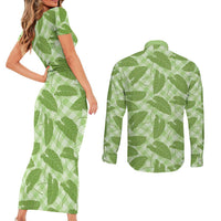 Green Hawaii Kalo Palaka Motifs Couples Matching Short Sleeve Bodycon Dress and Long Sleeve Button Shirt Hawaiian Taro Leaves Elegant Vibes - Polynesian Pride