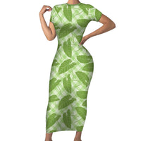 Green Hawaii Kalo Palaka Motifs Family Matching Short Sleeve Bodycon Dress and Hawaiian Shirt Hawaiian Taro Leaves Elegant Vibes - Polynesian Pride