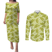 Lime Green Hawaii Kalo Palaka Motifs Couples Matching Puletasi and Long Sleeve Button Shirt Hawaiian Taro Leaves Elegant Vibes - Polynesian Pride