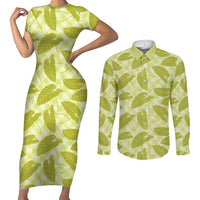 Lime Green Hawaii Kalo Palaka Motifs Couples Matching Short Sleeve Bodycon Dress and Long Sleeve Button Shirt Hawaiian Taro Leaves Elegant Vibes - Polynesian Pride