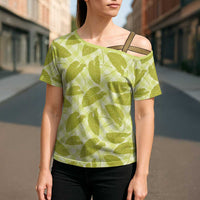 Lime Green Hawaii Kalo Palaka Motifs Cross Shoulder Shirt Hawaiian Taro Leaves Elegant Vibes - Polynesian Pride