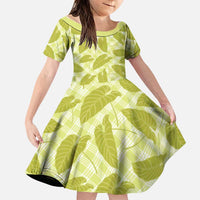 Lime Green Hawaii Kalo Palaka Motifs Family Matching Off The Shoulder Long Sleeve Dress and Hawaiian Shirt Hawaiian Taro Leaves Elegant Vibes - Polynesian Pride