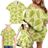 Lime Green Hawaii Kalo Palaka Motifs Family Matching Off Shoulder Short Dress and Hawaiian Shirt Hawaiian Taro Leaves Elegant Vibes - Polynesian Pride