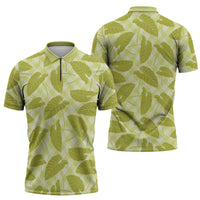 Lime Green Hawaii Kalo Palaka Motifs Zipper Polo Shirt Hawaiian Taro Leaves Elegant Vibes - Polynesian Pride