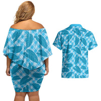 Blue Hawaii Kalo Palaka Motifs Couples Matching Off Shoulder Short Dress and Hawaiian Shirt Hawaiian Taro Leaves Elegant Vibes - Polynesian Pride