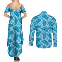 Blue Hawaii Kalo Palaka Motifs Couples Matching Summer Maxi Dress and Long Sleeve Button Shirt Hawaiian Taro Leaves Elegant Vibes - Polynesian Pride
