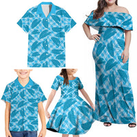 Blue Hawaii Kalo Palaka Motifs Family Matching Off Shoulder Maxi Dress and Hawaiian Shirt Hawaiian Taro Leaves Elegant Vibes - Polynesian Pride