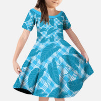 Blue Hawaii Kalo Palaka Motifs Kid Short Sleeve Dress Hawaiian Taro Leaves Elegant Vibes - Polynesian Pride