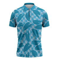 Blue Hawaii Kalo Palaka Motifs Zipper Polo Shirt Hawaiian Taro Leaves Elegant Vibes - Polynesian Pride