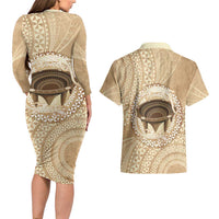 Tonga Skink Kava Bowl Couples Matching Long Sleeve Bodycon Dress and Hawaiian Shirt Vintage Tongan Ngatu Pattern