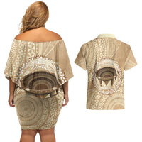 Tonga Skink Kava Bowl Couples Matching Off Shoulder Short Dress and Hawaiian Shirt Vintage Tongan Ngatu Pattern