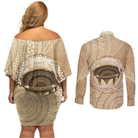 Tonga Skink Kava Bowl Couples Matching Off Shoulder Short Dress and Long Sleeve Button Shirt Vintage Tongan Ngatu Pattern LT14 - Polynesian Pride