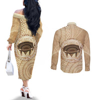 Tonga Skink Kava Bowl Couples Matching Off The Shoulder Long Sleeve Dress and Long Sleeve Button Shirt Vintage Tongan Ngatu Pattern