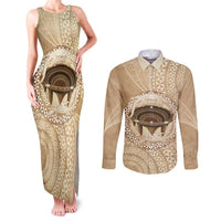 Tonga Skink Kava Bowl Couples Matching Tank Maxi Dress and Long Sleeve Button Shirt Vintage Tongan Ngatu Pattern LT14 Brown - Polynesian Pride